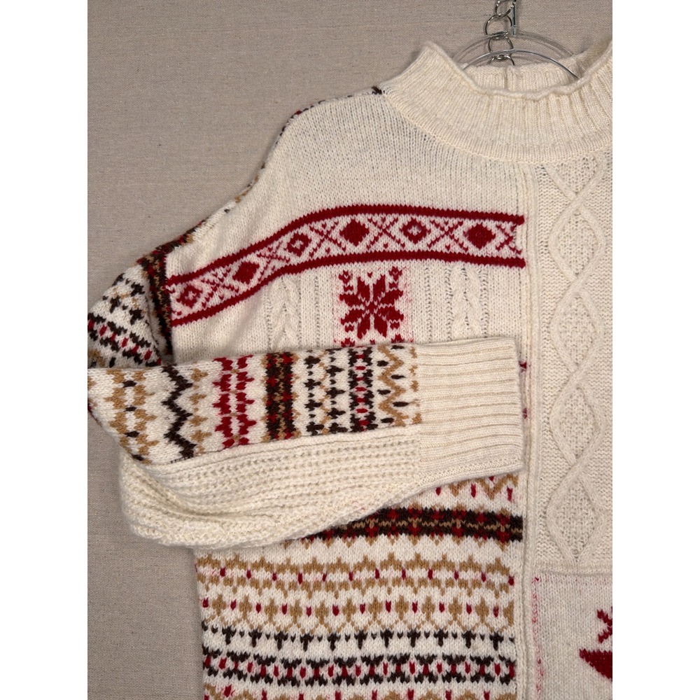 American Eagle Patchwork Fair Isle Cable Knit Sweater Cream Red Large Womens